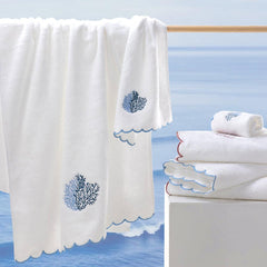 White Scalloped Edge Cotton Bath Sheets with Coral Embroidery - Set of 2 Colors
