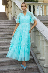 Ruffle Tiered Spotted Tulle Maxi Dress