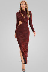 Sparkly Ruched Cutout Split Maxi Dress