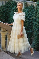 Off Shoulder Dotted Tulle Maxi Dress