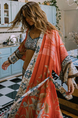 Floral Crane Print Kimono With Belt