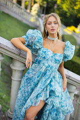 Puff Sleeve Floral Organza Layered Split Dress