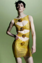 Rosette Cut Out Embellished Mini Dress