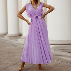 Classic Flutter Ruffle Sleeve Pleated Chiffon Maxi Occasion Dress