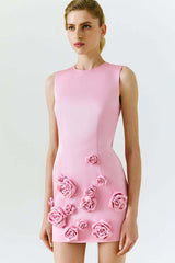 Rose Appliqué Round Neck Cady Dress