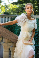 Off Shoulder Dotted Tulle Maxi Dress