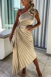 inostorâ„?Romantic Nights Satin Raised Flower Elastic Cutout One Shoulder Pleated Maxi Dress