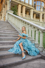 Puff Sleeve Floral Organza Layered Split Dress