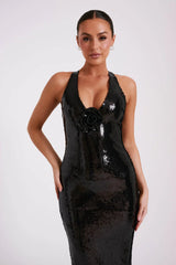 3D Flower Black Sequin Gown