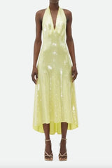 Yellow Viscose Sequined Midi Dress