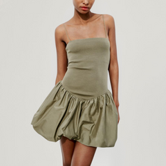 Green Contrast Ribbed Puff Skirt Dress