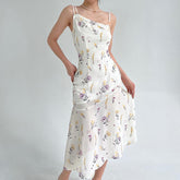 Asymmetric Slip Floral Print Scallop Hem Shift White Flare Dress