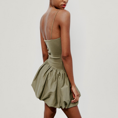 Green Contrast Ribbed Puff Skirt Dress