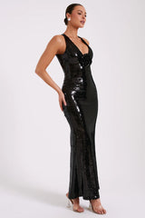 3D Flower Black Sequin Gown