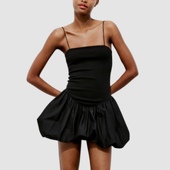 Black Contrast Ribbed Puff Skirt Dress