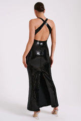 3D Flower Black Sequin Gown