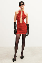 Rose-Appliqué Ruched Mini Dress