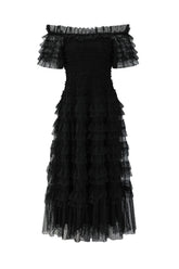 Off Shoulder Dotted Tulle Maxi Dress