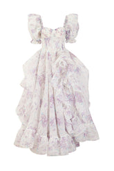 Puff Sleeve Floral Organza Layered Split Dress