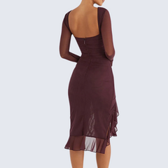 Maroon Long Sleeve Backless Ruffle Midi Dress