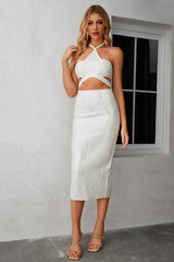 Rhinestone Cut Out Halter Neck Slit Dress