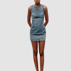 Washed Blue Sleeveless Mini Denim Dress