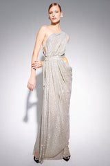 One Shoulder Sequins Cut Out Split Maxi Dress