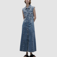 Blue Denim Sleeveless Long Dress