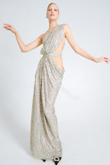 One Shoulder Sequins Cut Out Split Maxi Dress
