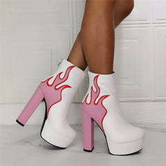 Pink Flames White Platform Retro Style Ankle Boots