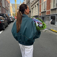 Green Contrast Stitch Leather Bomber Jacket