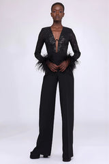 Sequin Feather-Trim Cuff Jumpsuit