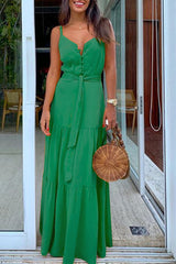 Fashion Casual Solid Frenulum V Neck Sling Dresses