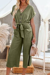 Casual Solid Split Joint V Neck Straight Jumpsuits