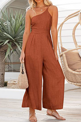 Fashion Solid Patchwork One Shoulder Straight Jumpsuits(8 Colors)