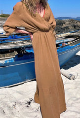 Fashion Solid Patchwork V Neck A Line Dresses