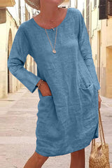 Casual Solid Patchwork Pocket V Neck Dresses