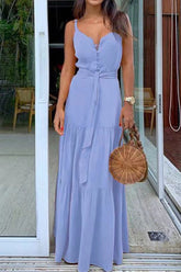 Elegant Vacation Solid Buckle V Neck A Line Dresses