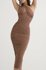 Elegant Solid Fold Oblique Collar One Step Skirt Dresses