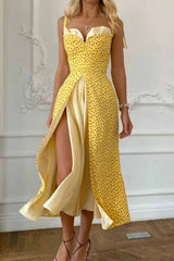 Elegant Print Solid Patchwork Slit V Neck A Line Dresses(4 Colors)