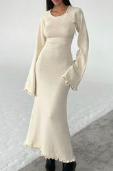 Casual Solid Backless Stringy Selvedge O Neck Long Sleeve Dresses(3 Colors)