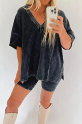 Casual Simplicity Solid V Neck Short Sleeve Two Pieces
