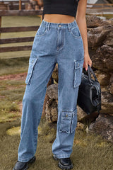 Street Solid Pocket Mid Waist Loose Denim Jeans