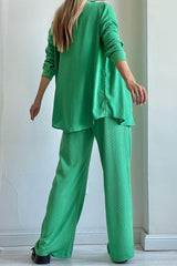 Casual Solid Draw String Fold Turndown Collar Long Sleeve Three Pieces(Shirt vest trousers)