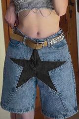 Street The stars Patch Mid Waist Denim Shorts(No Belt)