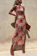 Casual Vintage Gradual Change Print See-through O Neck Long Sleeve Dresses(3 Colors)