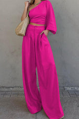 Elegant Solid Bandage Pocket Oblique Collar Long Sleeve Two Pieces