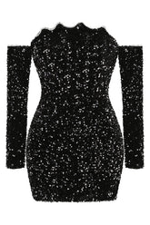 Black Off Shoulder Diamonds Dress