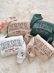 Personalized MAMA Embroidered Bow Sweatshirt with Names on Sleeve
