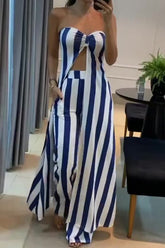 Sexy Striped Pocket Slit Strapless Sleeveless Two Pieces